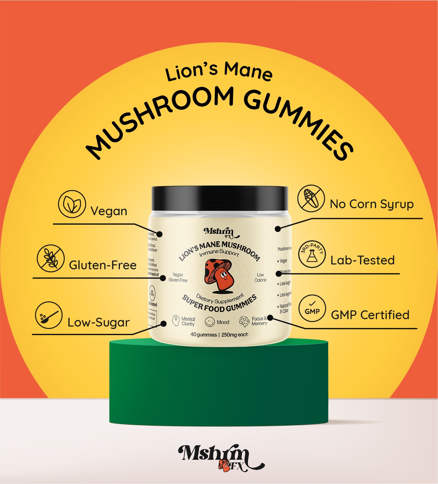 lions mane supplement gummies mushrooms vegan low sugar by mushroom fx